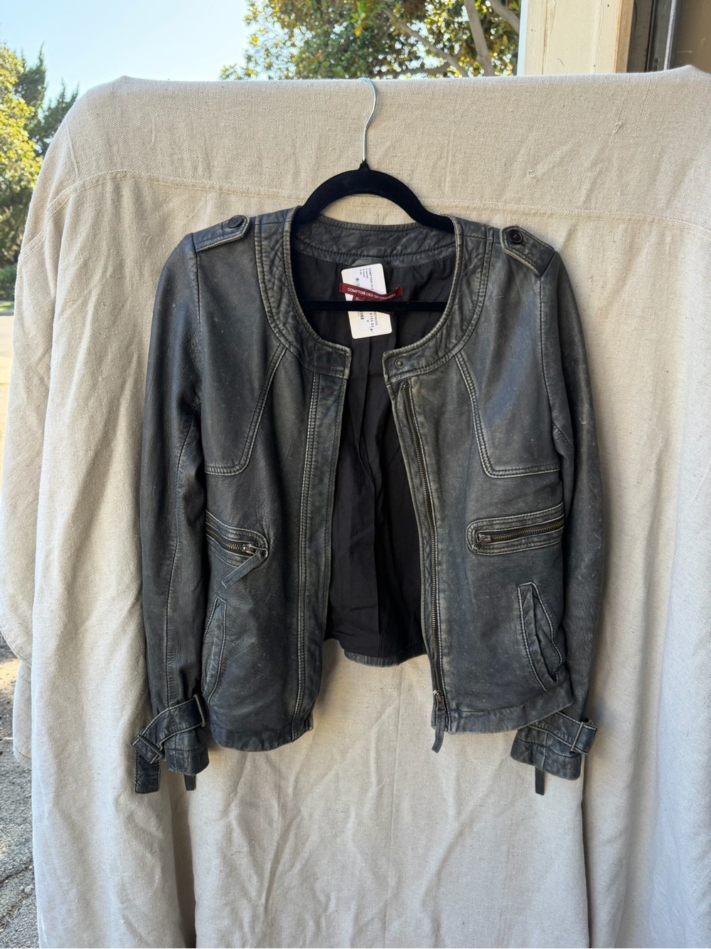 Comptoir Des Cotonniers Distressed Black Collarless Leather Jacket